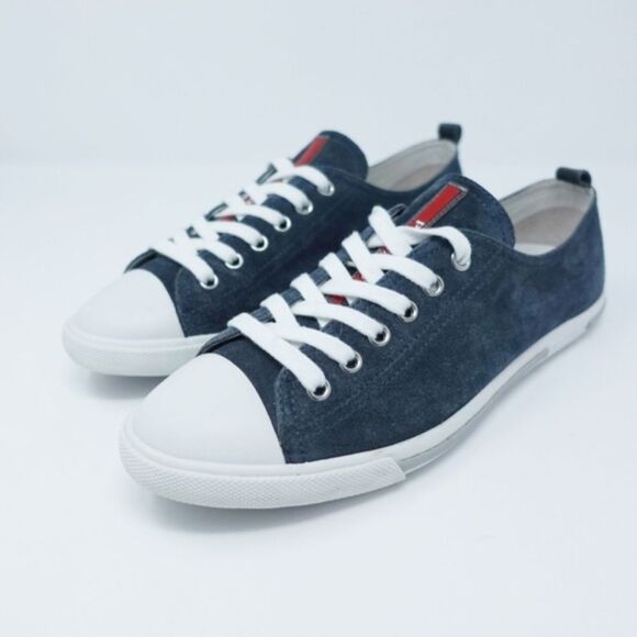 Prada Suede Leather Sneakers Cap Toe Gray  Blue  9.5 Retro Ballet sneakers - Picture 2 of 8